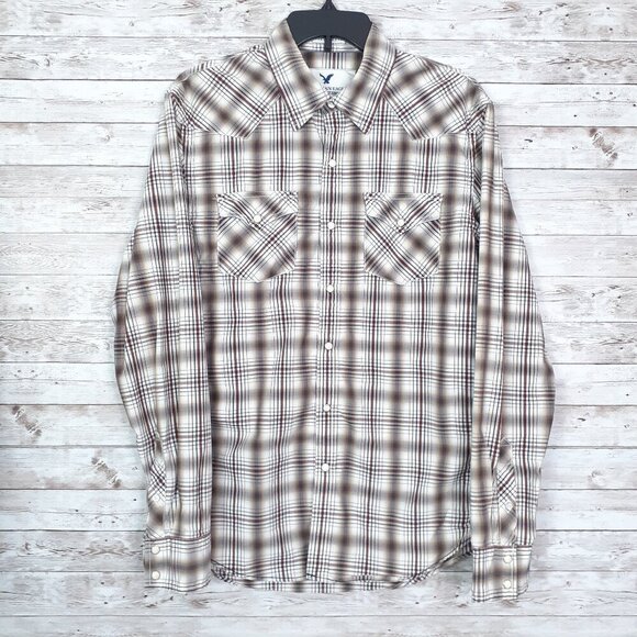American Eagle Outfitters Other - American Eagle Mens Pearl Snap Shirt M Vintage Fit Brown Plaid Cotton 838